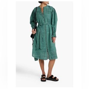 New Ulla Johnson Fiora Ruffle Cotton Striped Midi Shirt Dress Teal $495 4